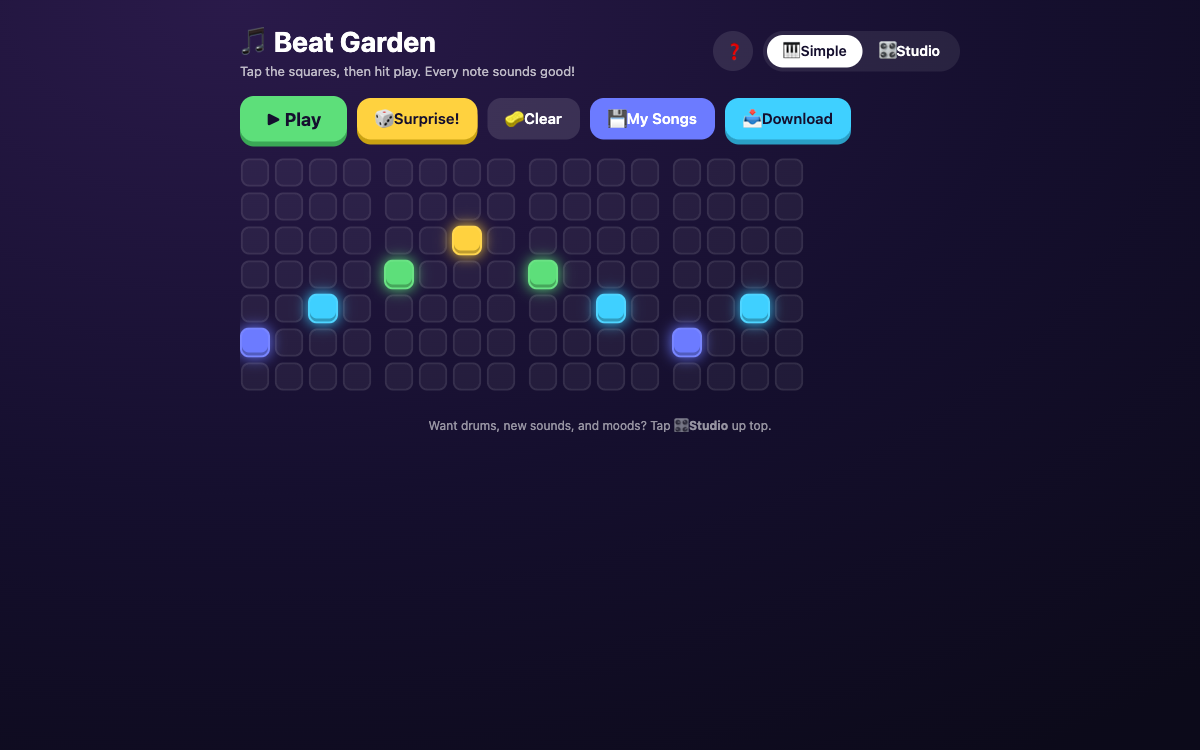 Beat Garden step sequencer grid with glowing notes