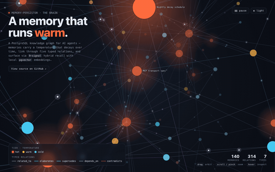 Animated 3D knowledge graph of agent memories, coloured by thermal tier